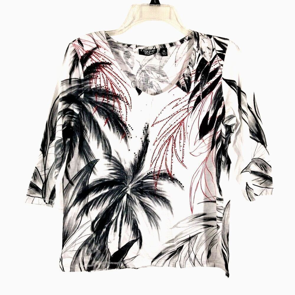 Onque Casual Womens Top 3/4 Sleeve Pullover Black Red Palm Trees V Neck